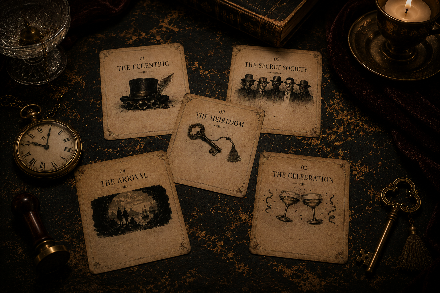 A spread of vintage character cards on a dark surface surrounded by antique objects.